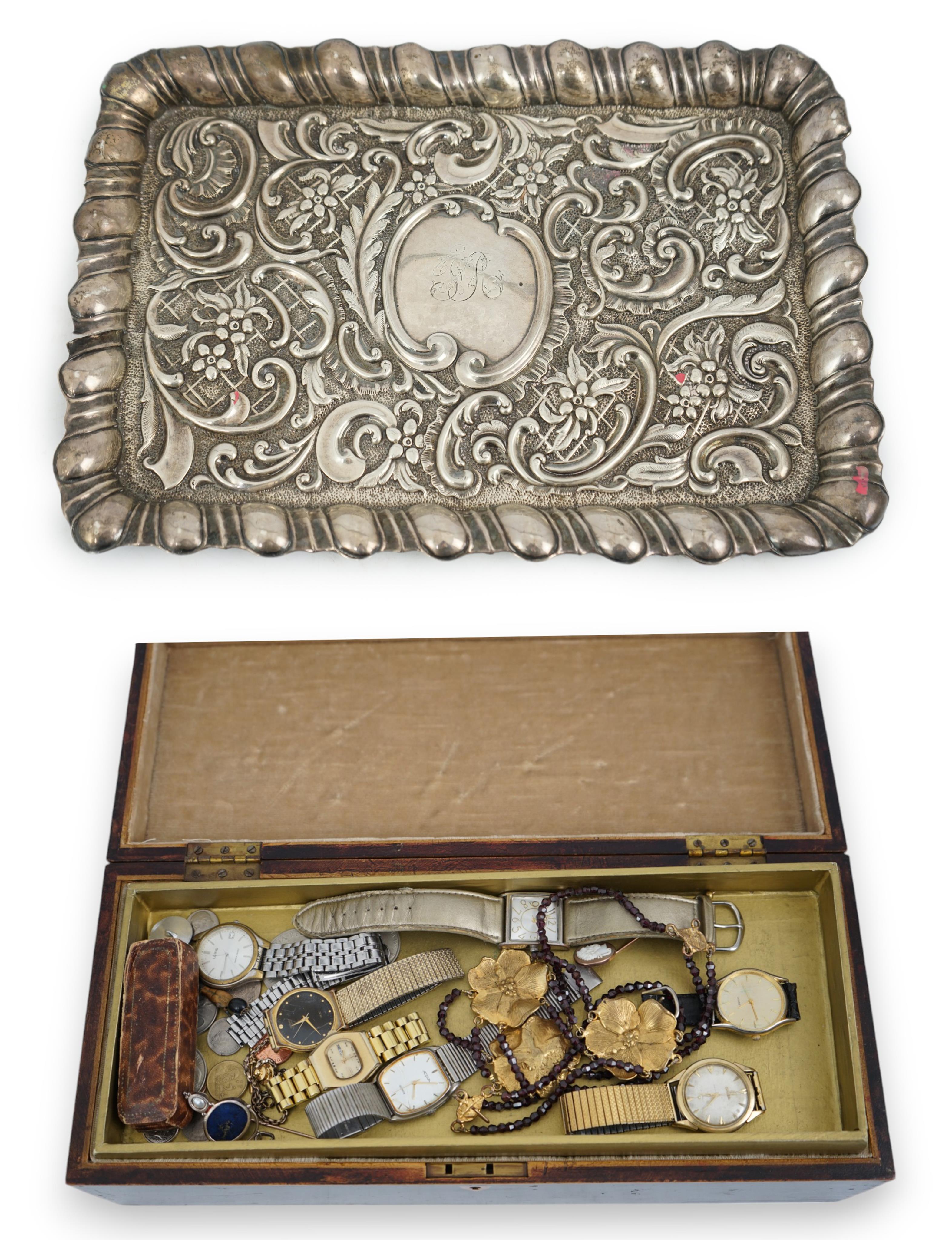 An Edwardian repousse silver dressing table tray, A&J Zimmerman, Birmingham, 1901, 30cm